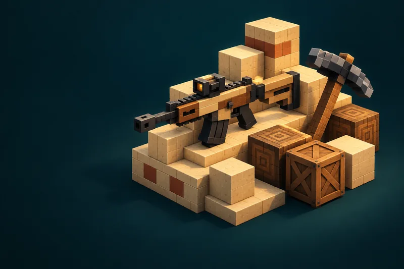 An original rifle, pickaxe, equipment and building blocks arranged on a workbench.