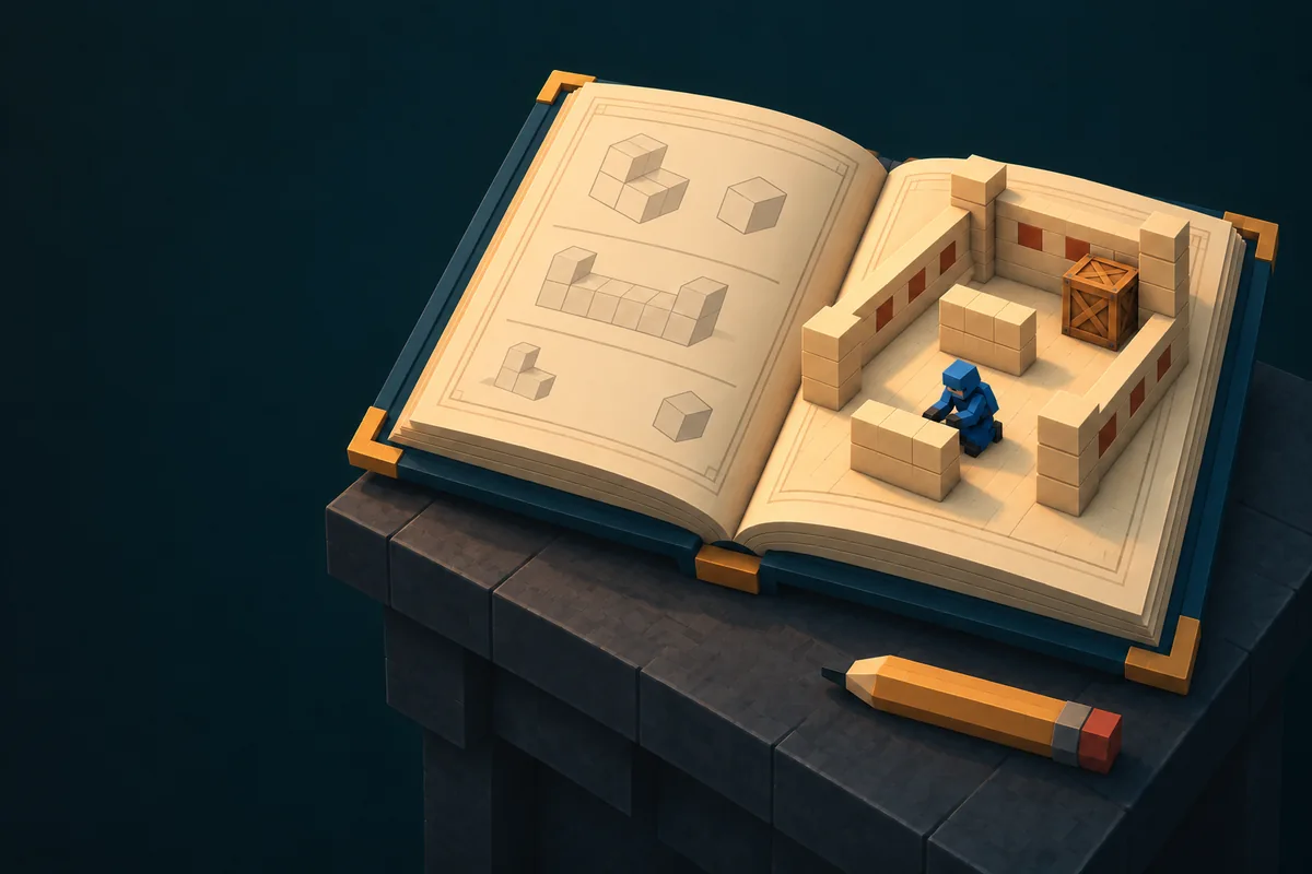 An open field manual with building diagrams beside a miniature arena.